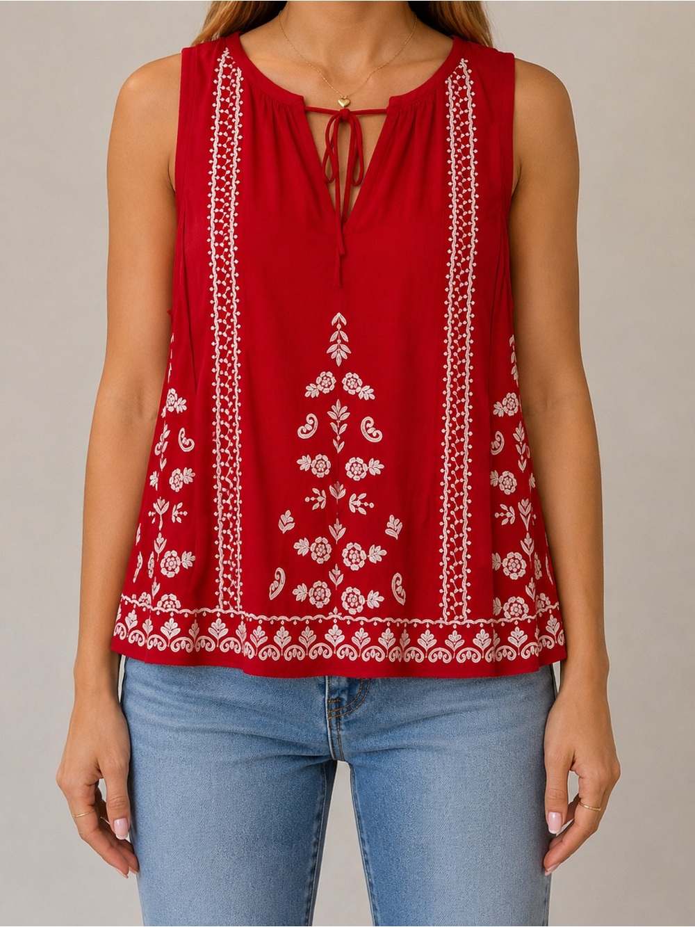 Boho Tank Anthropologie Akemi + Kin Red Embroidered